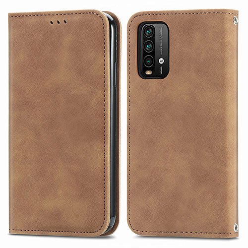 Leather Case Stands Flip Cover Holder S04D for Xiaomi Redmi Note 9 4G Brown