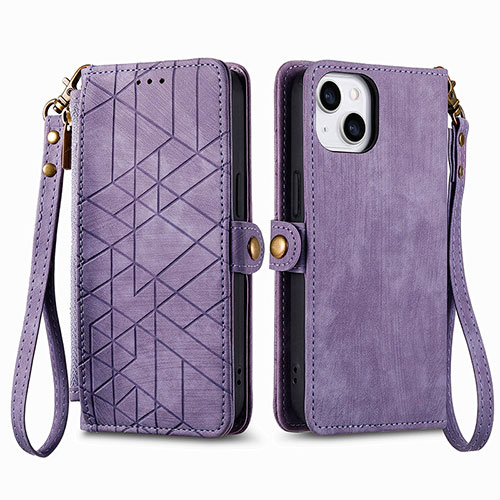 Leather Case Stands Flip Cover Holder S05D for Apple iPhone 15 Plus Purple