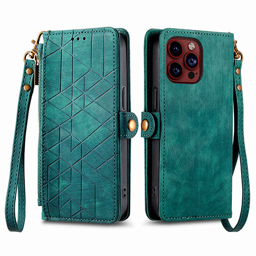 Leather Case Stands Flip Cover Holder S05D for Apple iPhone 15 Pro Green