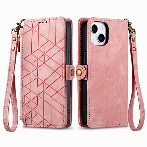 Leather Case Stands Flip Cover Holder S05D for Apple iPhone 15 Rose Gold