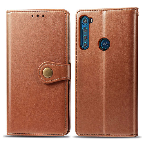 Leather Case Stands Flip Cover Holder S05D for Motorola Moto One Fusion Plus Brown