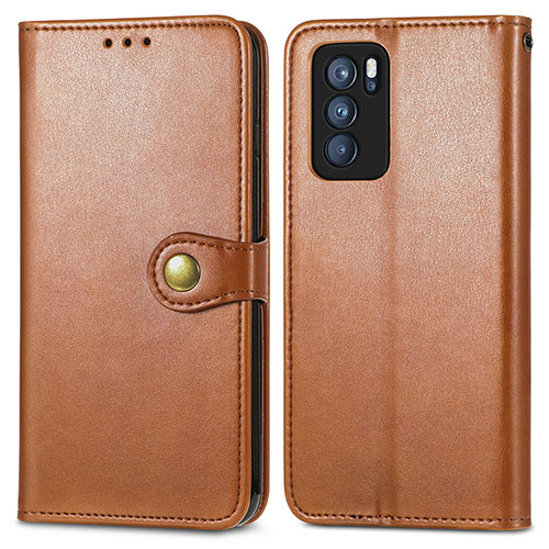 Leather Case Stands Flip Cover Holder S05D for Oppo Reno6 Pro 5G India Brown