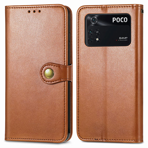 Leather Case Stands Flip Cover Holder S05D for Xiaomi Poco M4 Pro 4G Brown