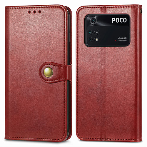 Leather Case Stands Flip Cover Holder S05D for Xiaomi Poco M4 Pro 4G Red