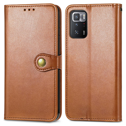 Leather Case Stands Flip Cover Holder S05D for Xiaomi Redmi Note 10 Pro 5G Brown