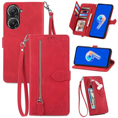 Leather Case Stands Flip Cover Holder S06D for Asus Zenfone 9 Red