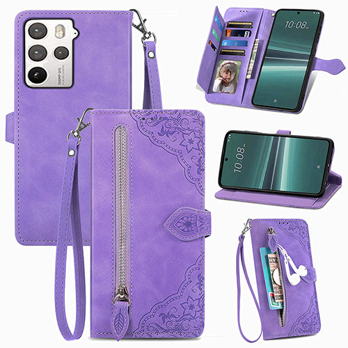 Leather Case Stands Flip Cover Holder S06D for HTC U23 5G Purple