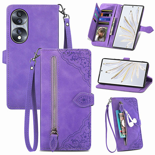 Leather Case Stands Flip Cover Holder S06D for Huawei Honor 70 5G Purple