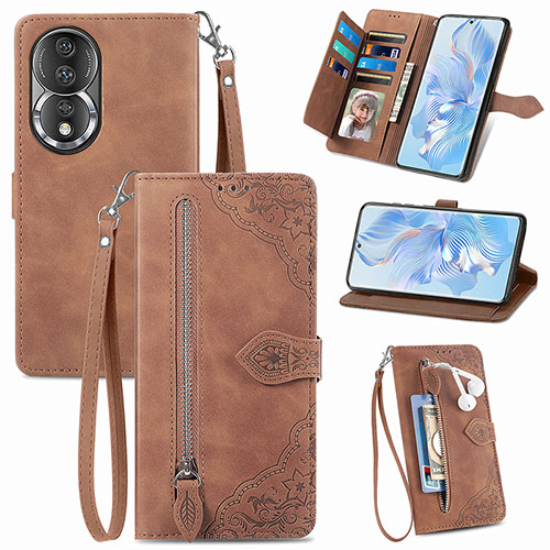 Leather Case Stands Flip Cover Holder S06D for Huawei Honor 80 5G Brown