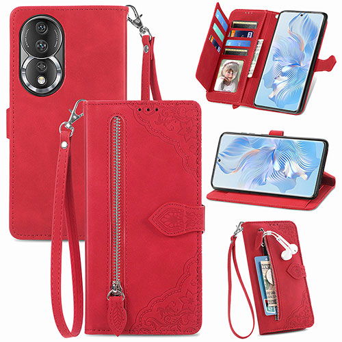 Leather Case Stands Flip Cover Holder S06D for Huawei Honor 80 5G Red