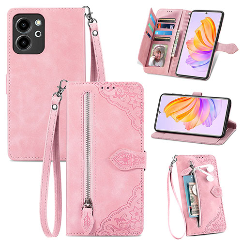 Leather Case Stands Flip Cover Holder S06D for Huawei Honor 80 SE 5G Pink