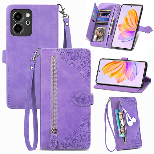 Leather Case Stands Flip Cover Holder S06D for Huawei Honor 80 SE 5G Purple