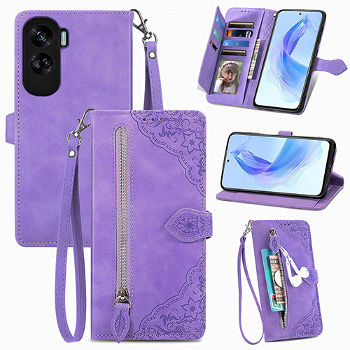 Leather Case Stands Flip Cover Holder S06D for Huawei Honor 90 Lite 5G Purple