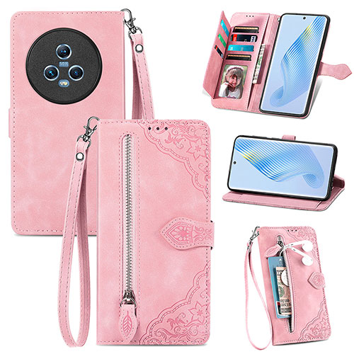 Leather Case Stands Flip Cover Holder S06D for Huawei Honor Magic5 5G Pink