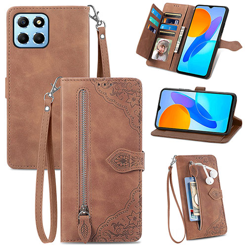 Leather Case Stands Flip Cover Holder S06D for Huawei Honor X6 5G Brown