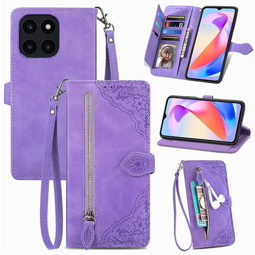 Leather Case Stands Flip Cover Holder S06D for Huawei Honor X6a Purple