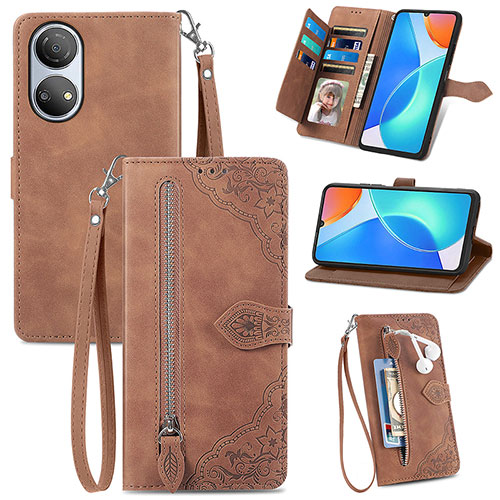 Leather Case Stands Flip Cover Holder S06D for Huawei Honor X7 Brown