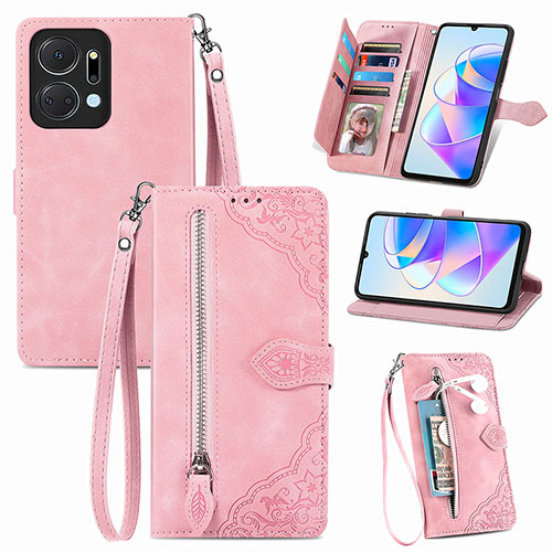 Leather Case Stands Flip Cover Holder S06D for Huawei Honor X7a Pink