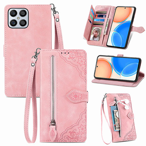 Leather Case Stands Flip Cover Holder S06D for Huawei Honor X8 4G Pink