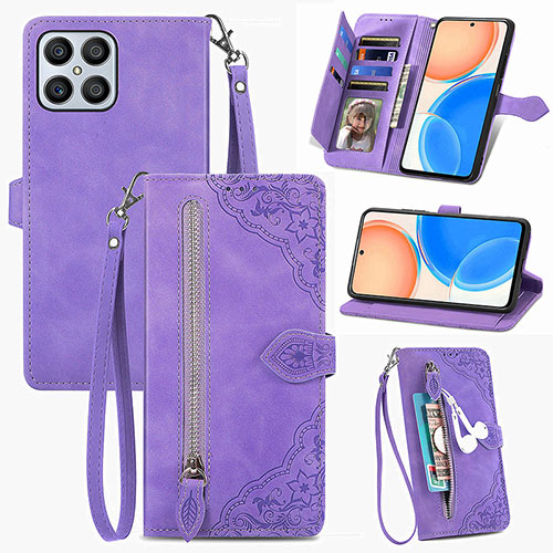 Leather Case Stands Flip Cover Holder S06D for Huawei Honor X8 4G Purple