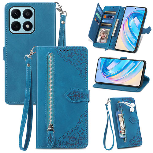 Leather Case Stands Flip Cover Holder S06D for Huawei Honor X8a 4G Blue