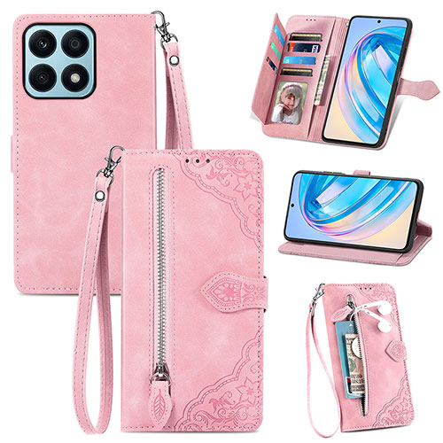 Leather Case Stands Flip Cover Holder S06D for Huawei Honor X8a 4G Pink