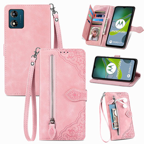 Leather Case Stands Flip Cover Holder S06D for Motorola Moto E13 Pink