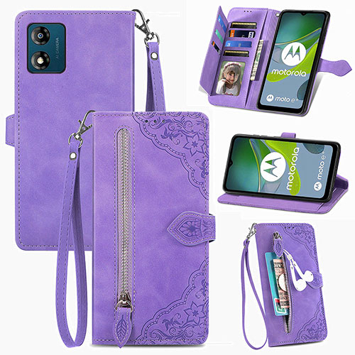 Leather Case Stands Flip Cover Holder S06D for Motorola Moto E13 Purple