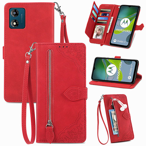 Leather Case Stands Flip Cover Holder S06D for Motorola Moto E13 Red