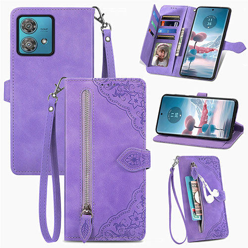 Leather Case Stands Flip Cover Holder S06D for Motorola Moto Edge 40 Neo 5G Purple