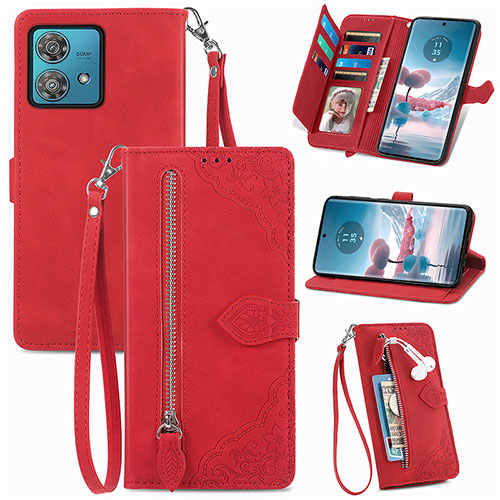 Leather Case Stands Flip Cover Holder S06D for Motorola Moto Edge 40 Neo 5G Red