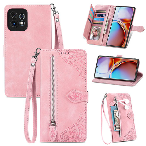 Leather Case Stands Flip Cover Holder S06D for Motorola Moto Edge 40 Pro 5G Pink