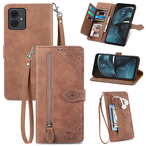 Leather Case Stands Flip Cover Holder S06D for Motorola Moto G14 Brown