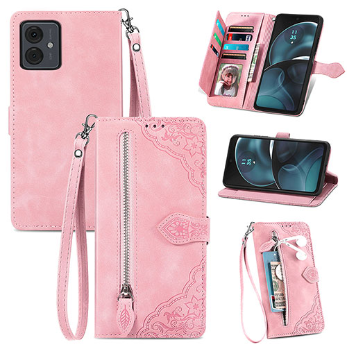 Leather Case Stands Flip Cover Holder S06D for Motorola Moto G14 Pink