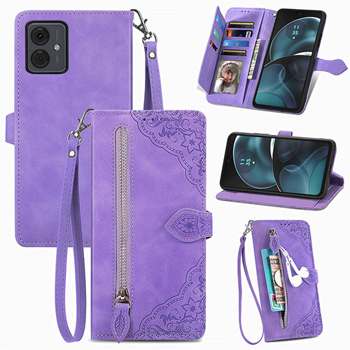 Leather Case Stands Flip Cover Holder S06D for Motorola Moto G14 Purple