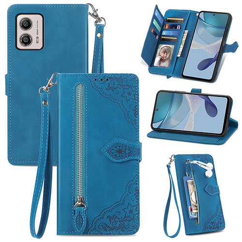 Leather Case Stands Flip Cover Holder S06D for Motorola Moto G53j 5G Blue