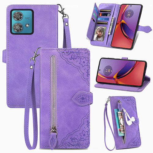 Leather Case Stands Flip Cover Holder S06D for Motorola Moto G84 5G Purple