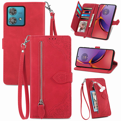 Leather Case Stands Flip Cover Holder S06D for Motorola Moto G84 5G Red