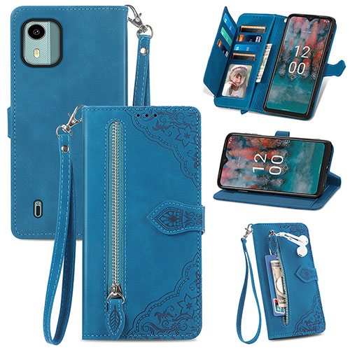 Leather Case Stands Flip Cover Holder S06D for Nokia C12 Blue