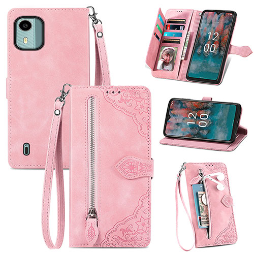 Leather Case Stands Flip Cover Holder S06D for Nokia C12 Pink