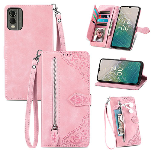 Leather Case Stands Flip Cover Holder S06D for Nokia C210 Pink