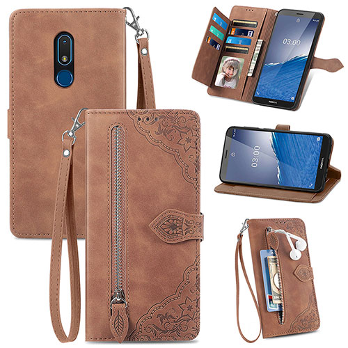 Leather Case Stands Flip Cover Holder S06D for Nokia C3 Brown