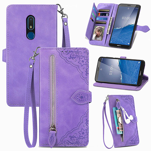 Leather Case Stands Flip Cover Holder S06D for Nokia C3 Purple