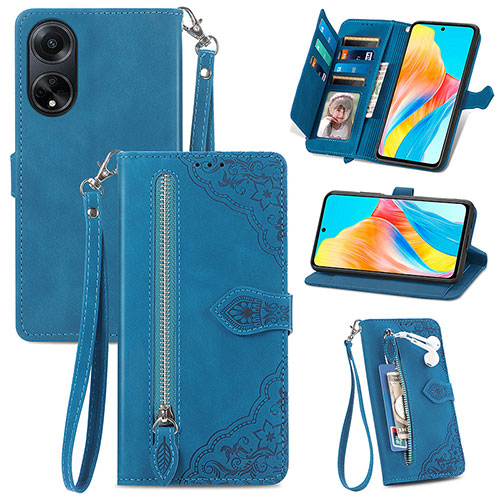 Leather Case Stands Flip Cover Holder S06D for Oppo A98 5G Blue