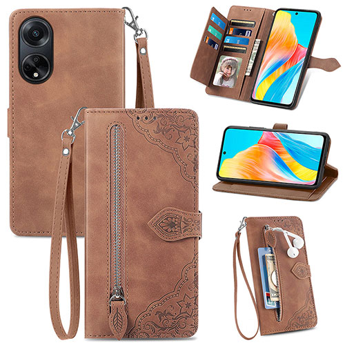 Leather Case Stands Flip Cover Holder S06D for Oppo A98 5G Brown