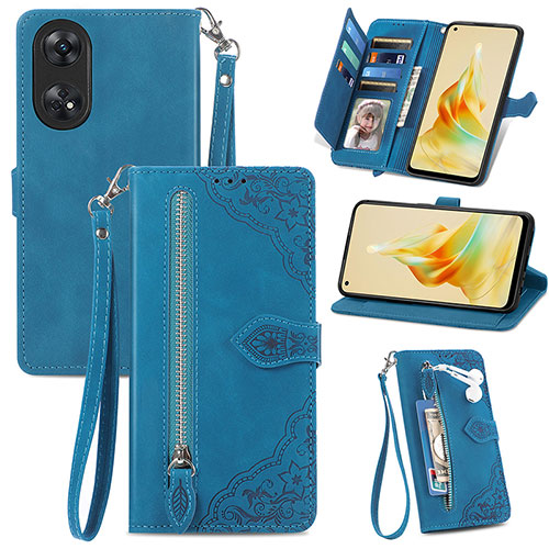 Leather Case Stands Flip Cover Holder S06D for Oppo Reno8 T 4G Blue