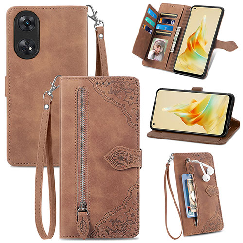 Leather Case Stands Flip Cover Holder S06D for Oppo Reno8 T 4G Brown