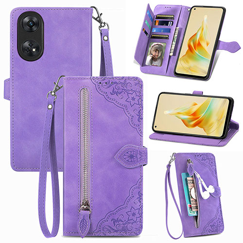 Leather Case Stands Flip Cover Holder S06D for Oppo Reno8 T 4G Purple