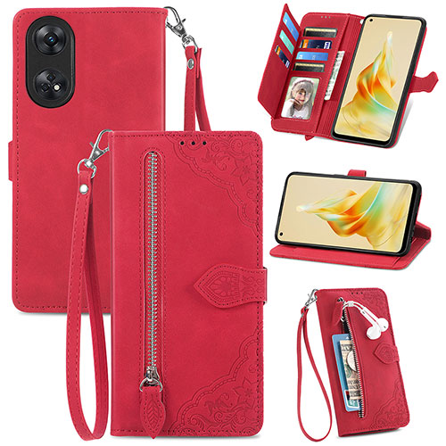 Leather Case Stands Flip Cover Holder S06D for Oppo Reno8 T 4G Red