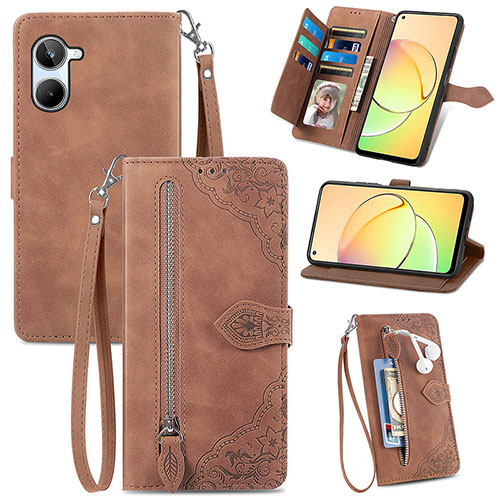 Leather Case Stands Flip Cover Holder S06D for Realme 10 Pro 5G Brown